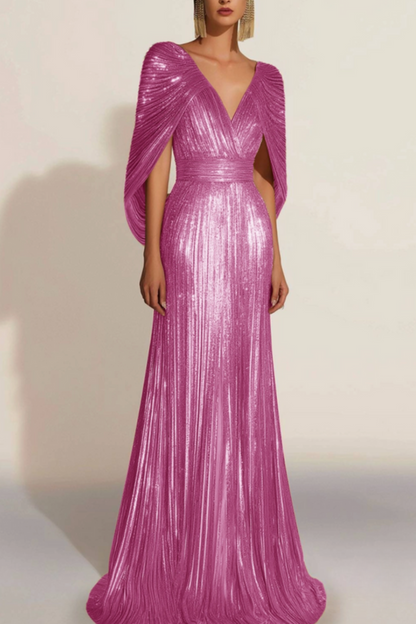 Lynor™ | Golden Pleated Evening Dress with Cape