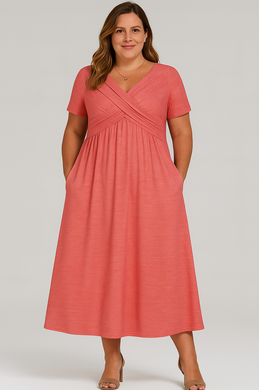 Lynor™ | V-Neck Pleated with Belly Coverage Midi Dress