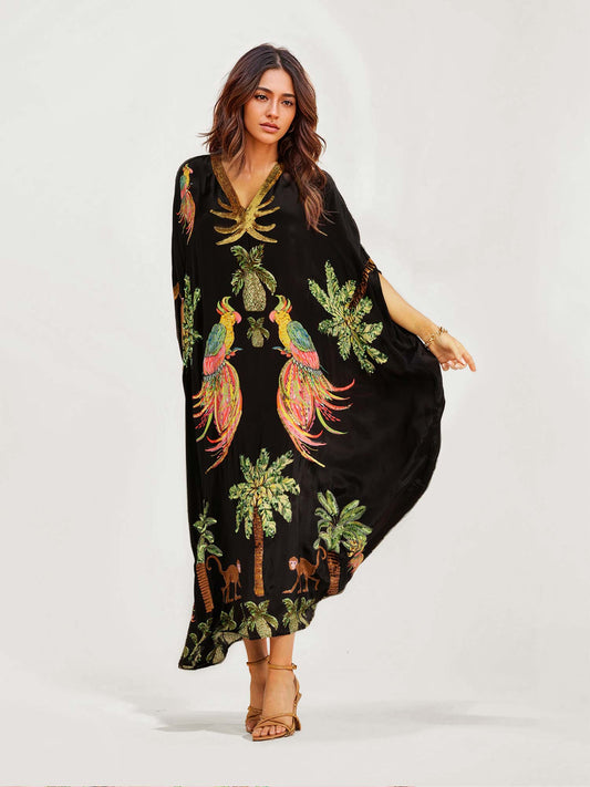 Lynor™ Long Black Dress with Vibrant Tropical Parrot Design