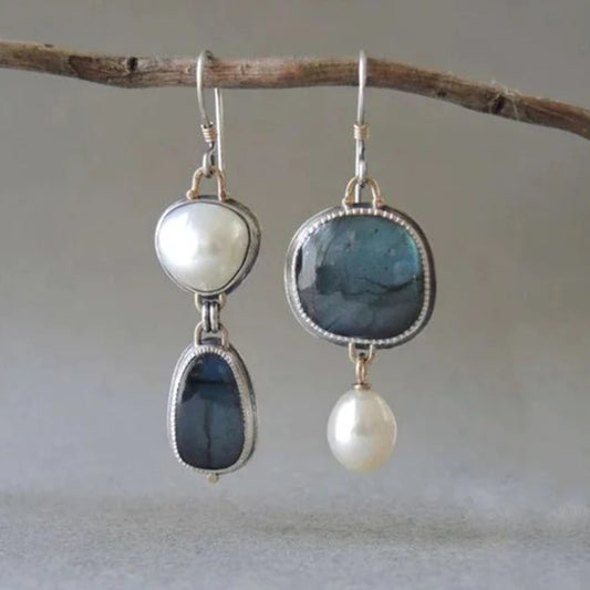Lynor™ | Vintage Blue Natural Stone & Pearl Earrings – Ocean-Inspired Elegance