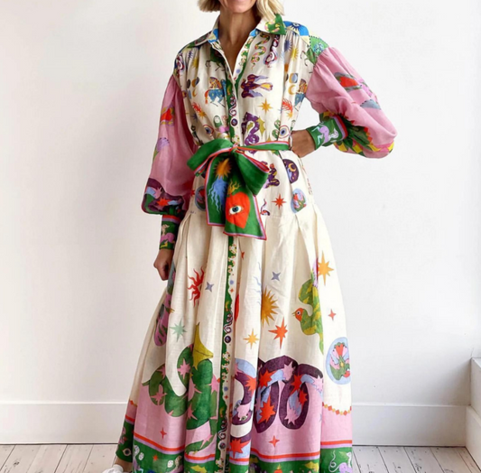 Lynor™ | Long Sleeve Printed Maxi Dress – Bold Prints with Effortless Elegance
