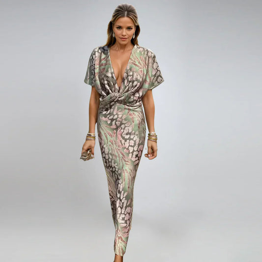 Lynor™ | Twist-Front V-Neck Maxi Dress – Flattering Fit with Elegant Detail
