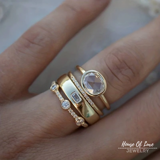 Lynor™ | Gold & Zirconia Ring Set – Radiant Sparkle in a Timeless Pair