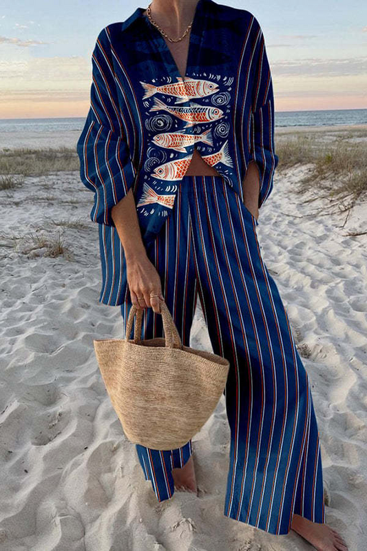 Lynor™ | Blue Koi Print Linen Set