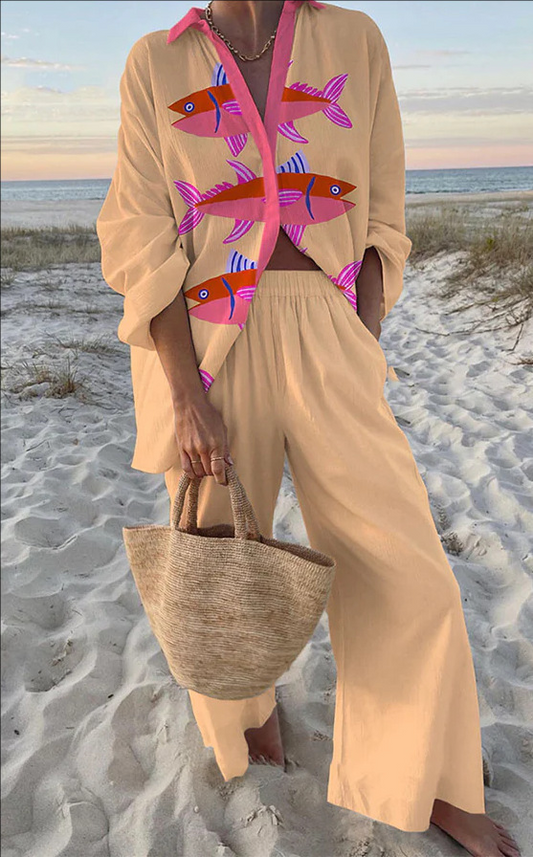Lynor™ | Pink Fish Print Linen Set
