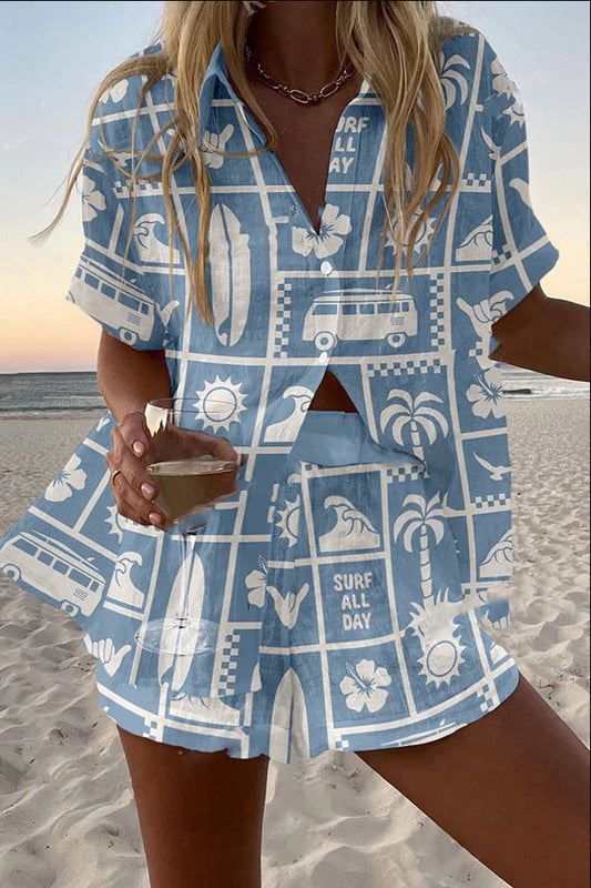 Lynor™ | Linen with Caravan Print Short All-in-One