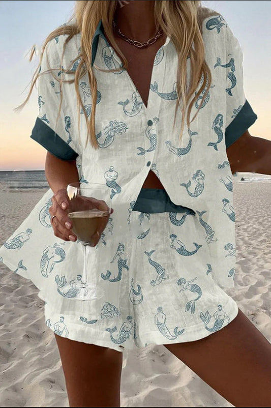 Lynor™ | Linen with Mermaid Print Short Romper