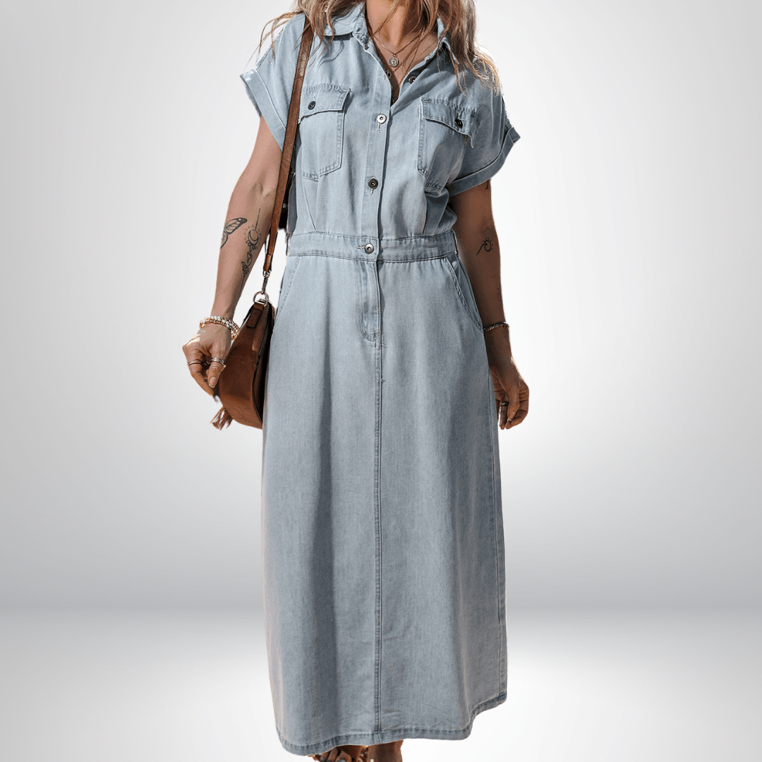 Lynor™ | Elegant Denim Dress – Short Batwing Sleeves