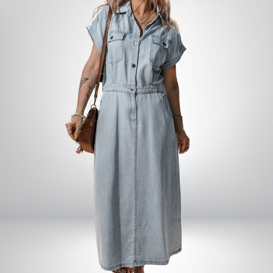 Lynor™ | Elegant Denim Dress – Short Batwing Sleeves