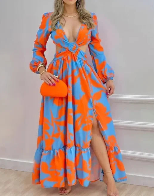 Lynor™ | Elegant Tie-Dye Maxi Dress with Cutout & Lantern Sleeves