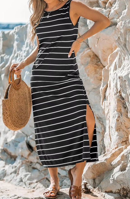 Lynor™ | Elegant Striped Side-Slit Dress for Effortless Holiday Style