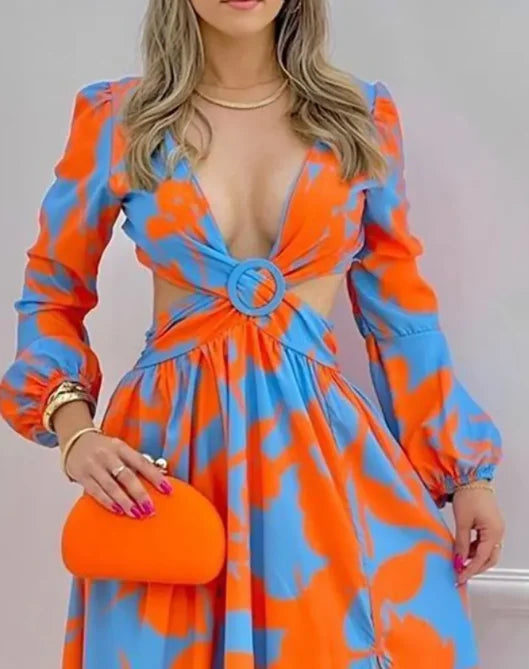 Lynor™ | Elegant Tie-Dye Maxi Dress with Cutout & Lantern Sleeves