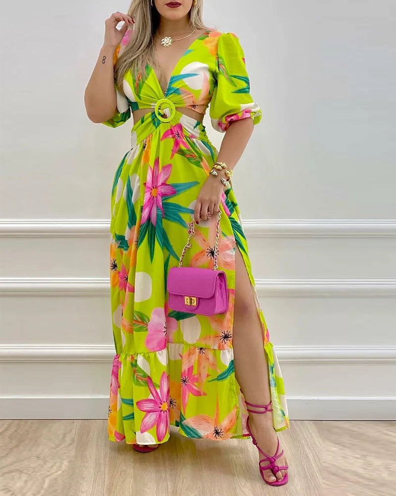 Lynor™ | Elegant Tie-Dye Maxi Dress with Cutout & Lantern Sleeves