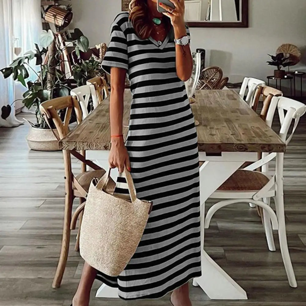 Lynor™ | Striped Bodycon Midi Dress with Side Slit and V-Neckline