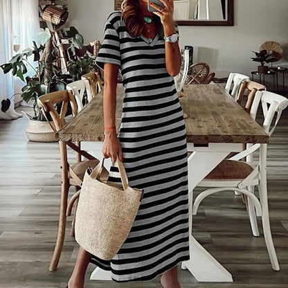 Lynor™ | Striped Bodycon Midi Dress with Side Slit and V-Neckline