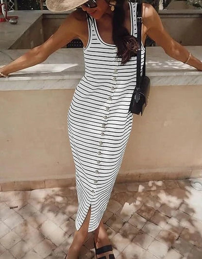 Lynor™ | Striped Sleeveless Midi Dress with Cinched Waist for Summer Confidence