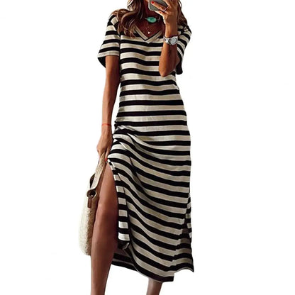 Lynor™ | Striped Bodycon Midi Dress with Side Slit and V-Neckline