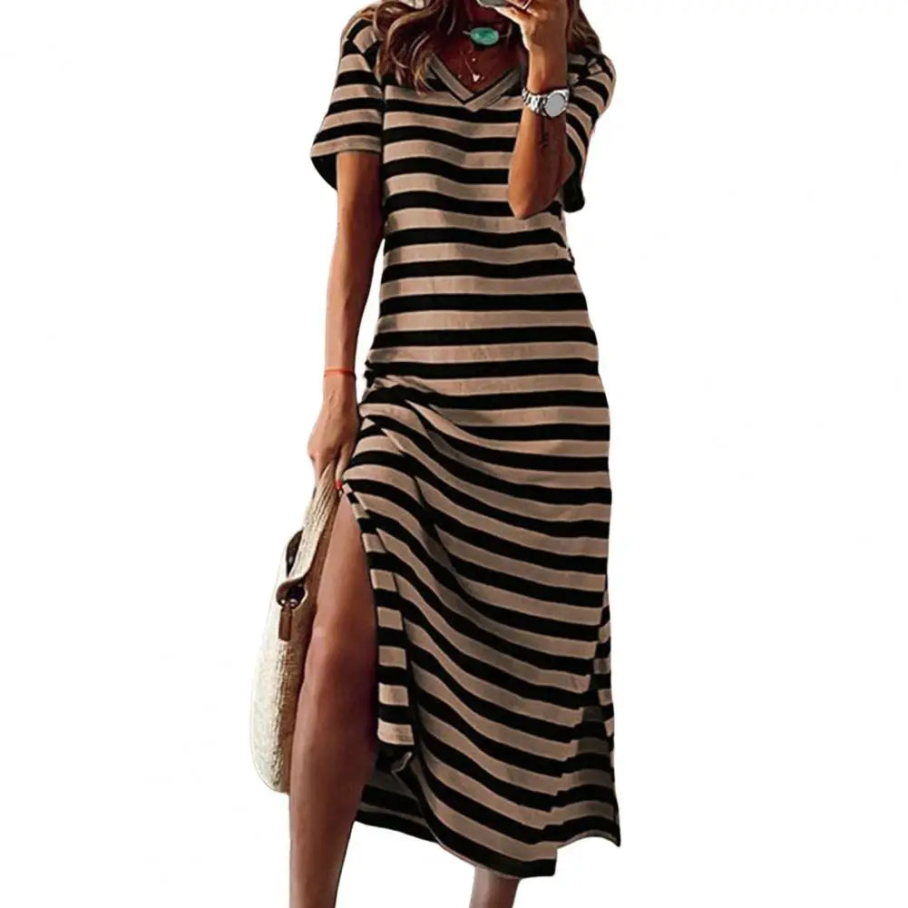 Lynor™ | Striped Bodycon Midi Dress with Side Slit and V-Neckline