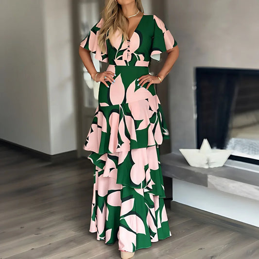 Lynor™ | Casual V-Neck Button Dress with Layered Skirt Elegance