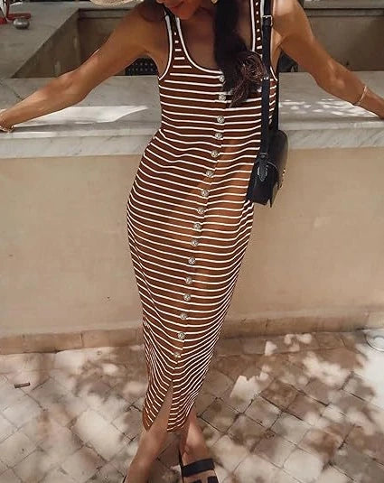 Lynor™ | Striped Sleeveless Midi Dress with Cinched Waist for Summer Confidence