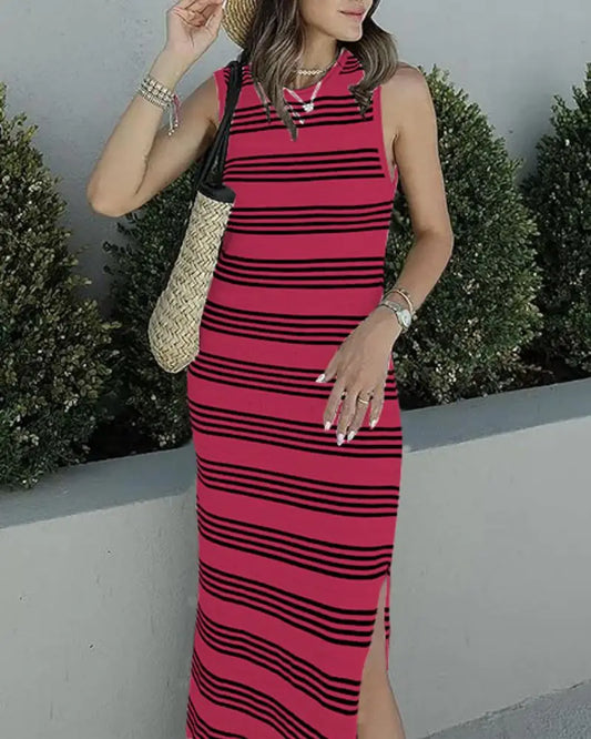 Lynor™ | Striped Sleeveless Midi Dress with Side Slit for Effortless Summer Days