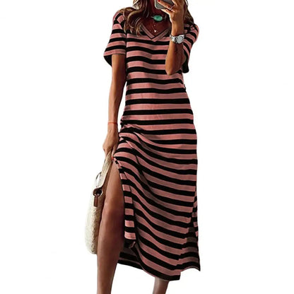 Lynor™ | Striped Bodycon Midi Dress with Side Slit and V-Neckline