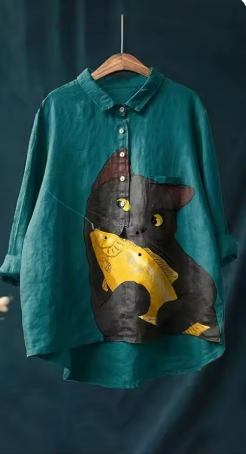 Lynor™ | Whimsical Cat & Fish Print Shirt