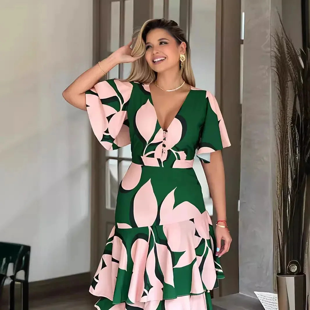 Lynor™ | Casual V-Neck Button Dress with Layered Skirt Elegance