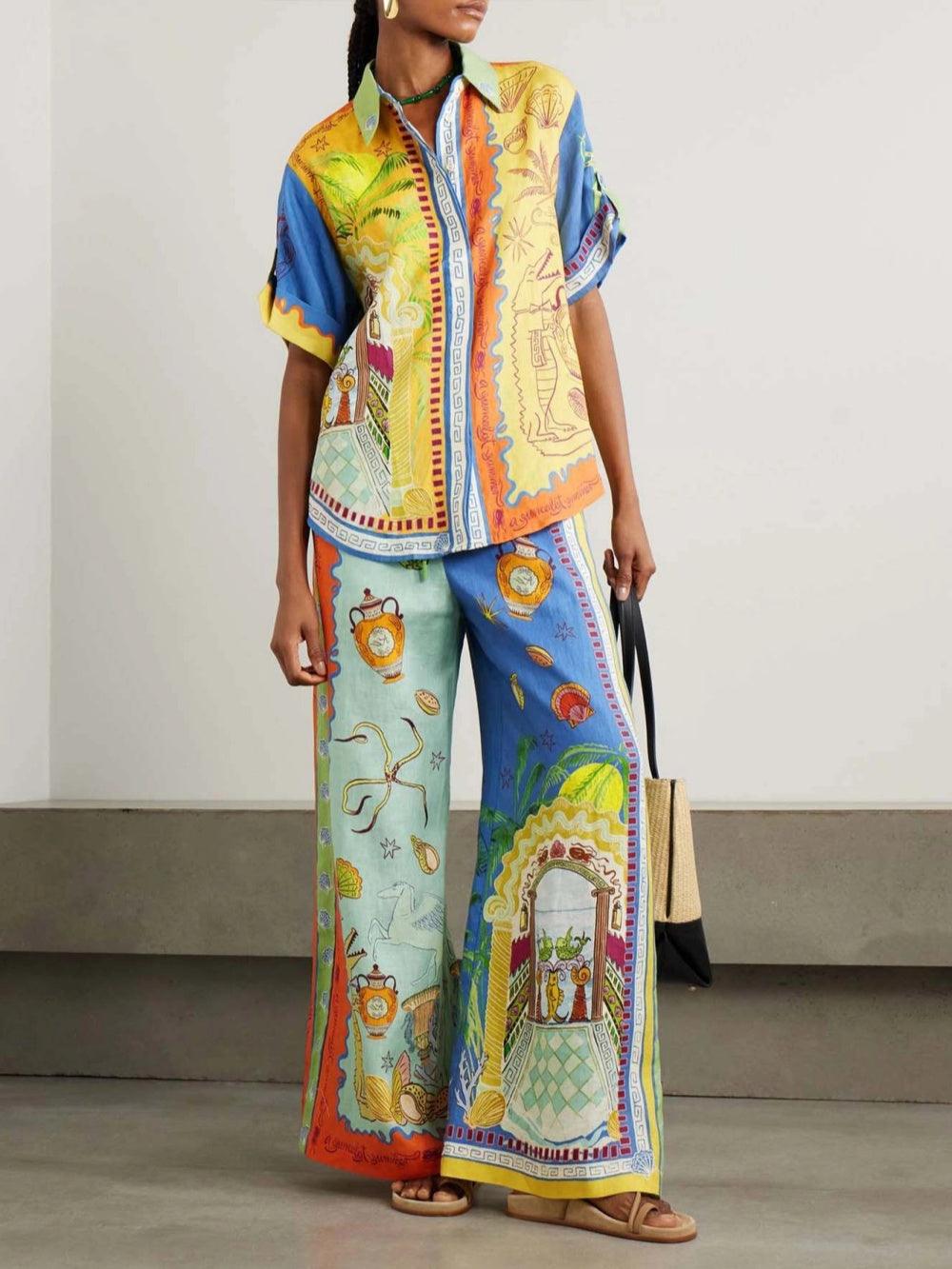 Lynor™ | Loose Short Sleeve Shirt & Printed Pants Two-Piece Set