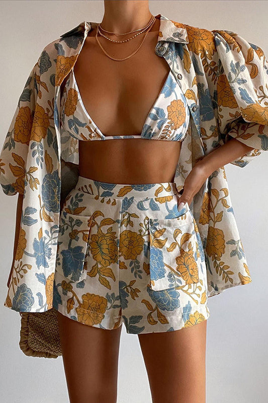 Lynor™ | Oversize Shirt, Triangle Bra & Shorts with Pockets Floral Beach Set