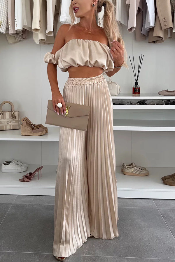 Lynor™ | Elegant Set – Off-Shoulder Crop Top & Wide-Leg Pleated Pants
