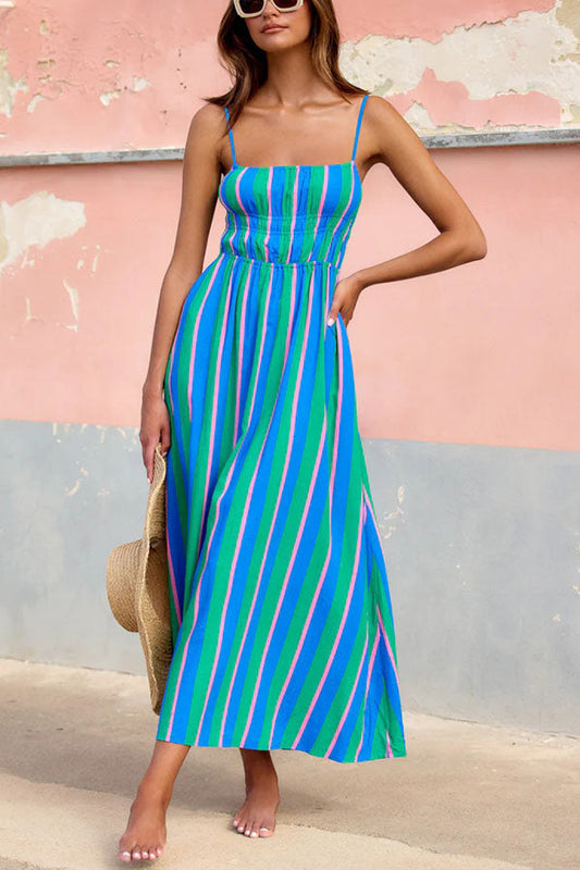 Lynor™ | Elasticated Bodice & Pockets Midi Striped Dress