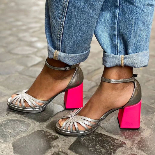 Lynor™ | Colorful Glitter Block Heel Sandals with Buckle – Bold Sparkle, Confident Steps