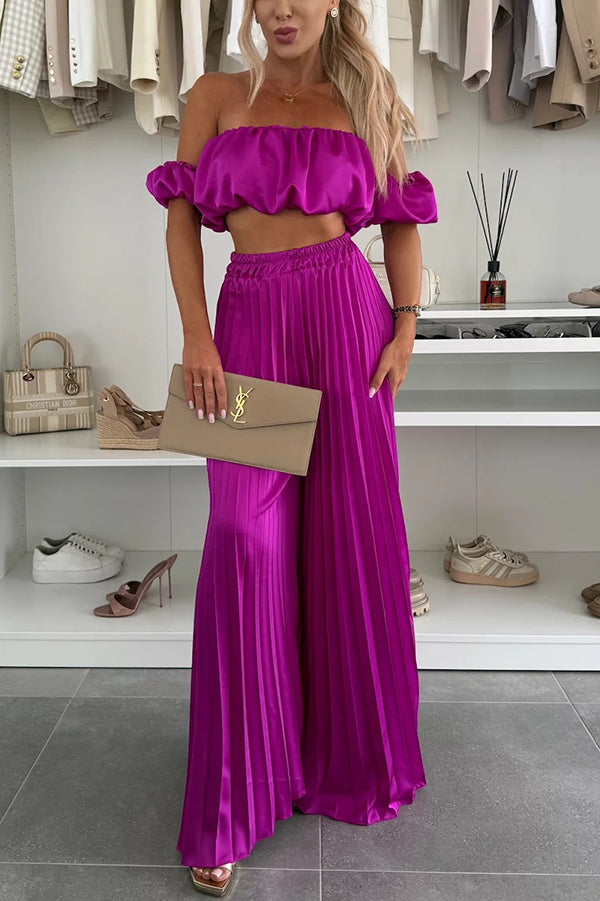 Lynor™ | Elegant Set – Off-Shoulder Crop Top & Wide-Leg Pleated Pants