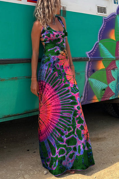 Lynor™ | Back Laces & Tie-Dye Pattern Long Dress (Built-in Bra)