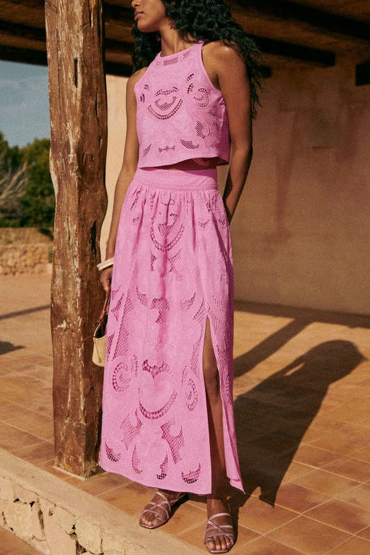 Lynor™ | Cut-Out Embroidery Top & Long Skirt with Slit Two-Piece Set