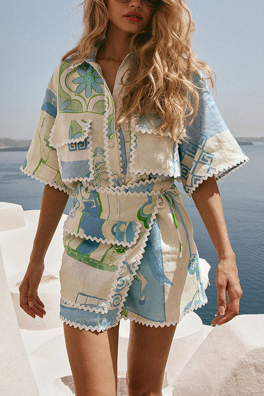 Lynor™ | Printed Short Sleeve Shirt & Mini Skirt Set – Side Knot & Wavy Edges