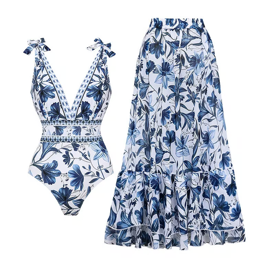 Lynor™ | Blue Bloom Set – Swimsuit & Skirt