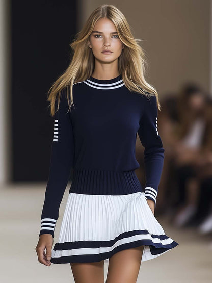 Lynor™ | Trendy Sporty Style Round Neck Navy & White Contrast Mini Dress