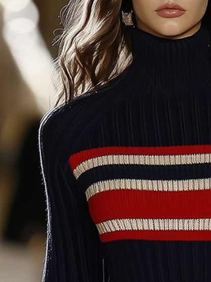 Lynor™ | Retro French Elegant Dress – High Collar, Red & White Stripes