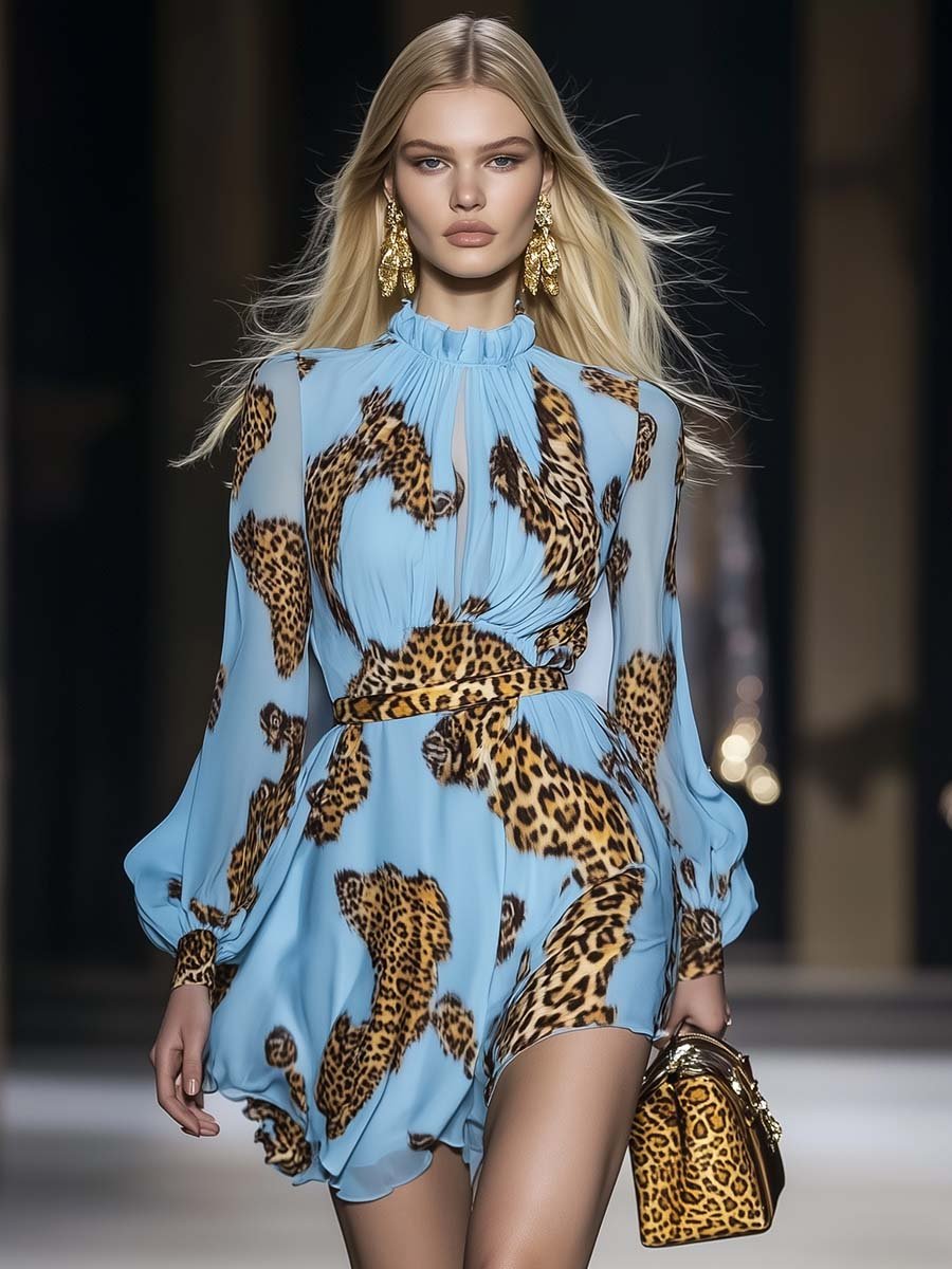 Lynor™ | Elegant Personality Leopard Print Light Blue Chiffon Mini Dress