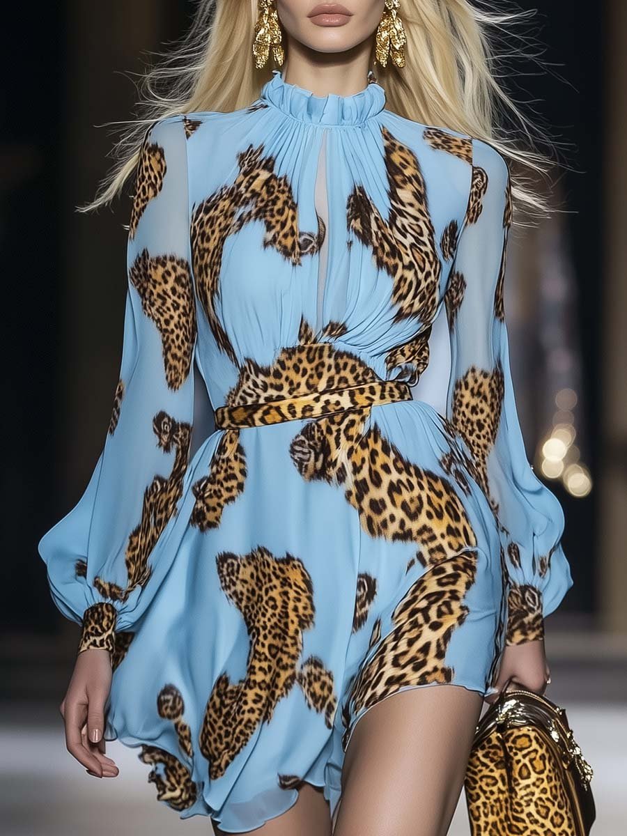 Lynor™ | Elegant Personality Leopard Print Light Blue Chiffon Mini Dress