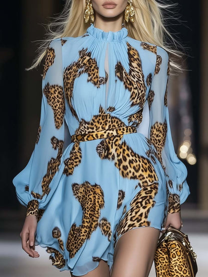 Lynor™ | Elegant Personality Leopard Print Light Blue Chiffon Mini Dress