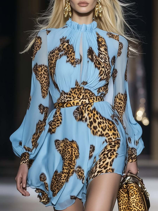 Lynor™ | Elegant Personality Leopard Print Light Blue Chiffon Mini Dress
