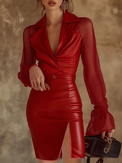 Lynor™ | Red Leather Mini Dress – Sheer, Sleek & Dynamic Sleeves