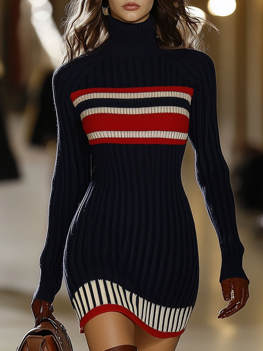 Lynor™ | Retro French Elegant Dress – High Collar, Red & White Stripes