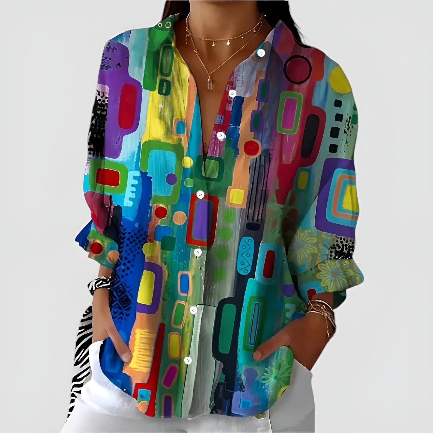 Lynor™ | Geometric Pattern Blouse – Modern Design with Stylish Edge